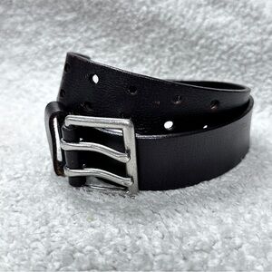 Nice Thick Top Grain Leather Brown Belt Double Prong Silver Tone Buckle, M